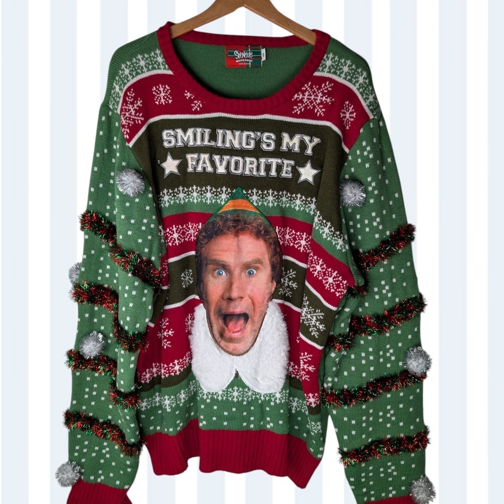 Spencer's Festive light-up flashing Smiling Sweater elf - Red, Green Size XXL